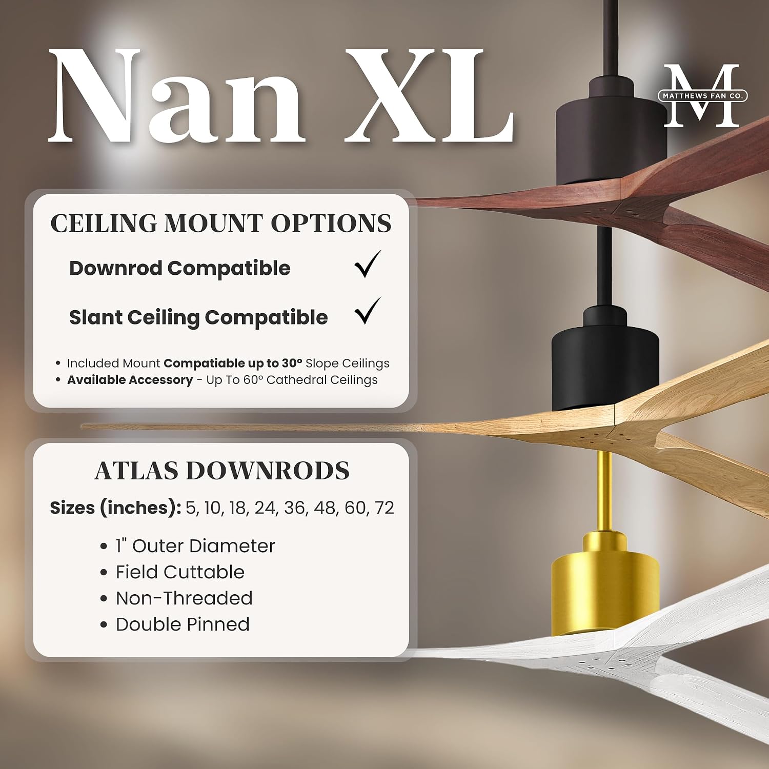 Matthews NKXL-BK-LM-72 Nan XL Damp Rated 72' Ceiling Fan with Remote and Wall Control, 3 Solid Wood Blades, Silent DC Motor, Matte Black with Light Maple Tone