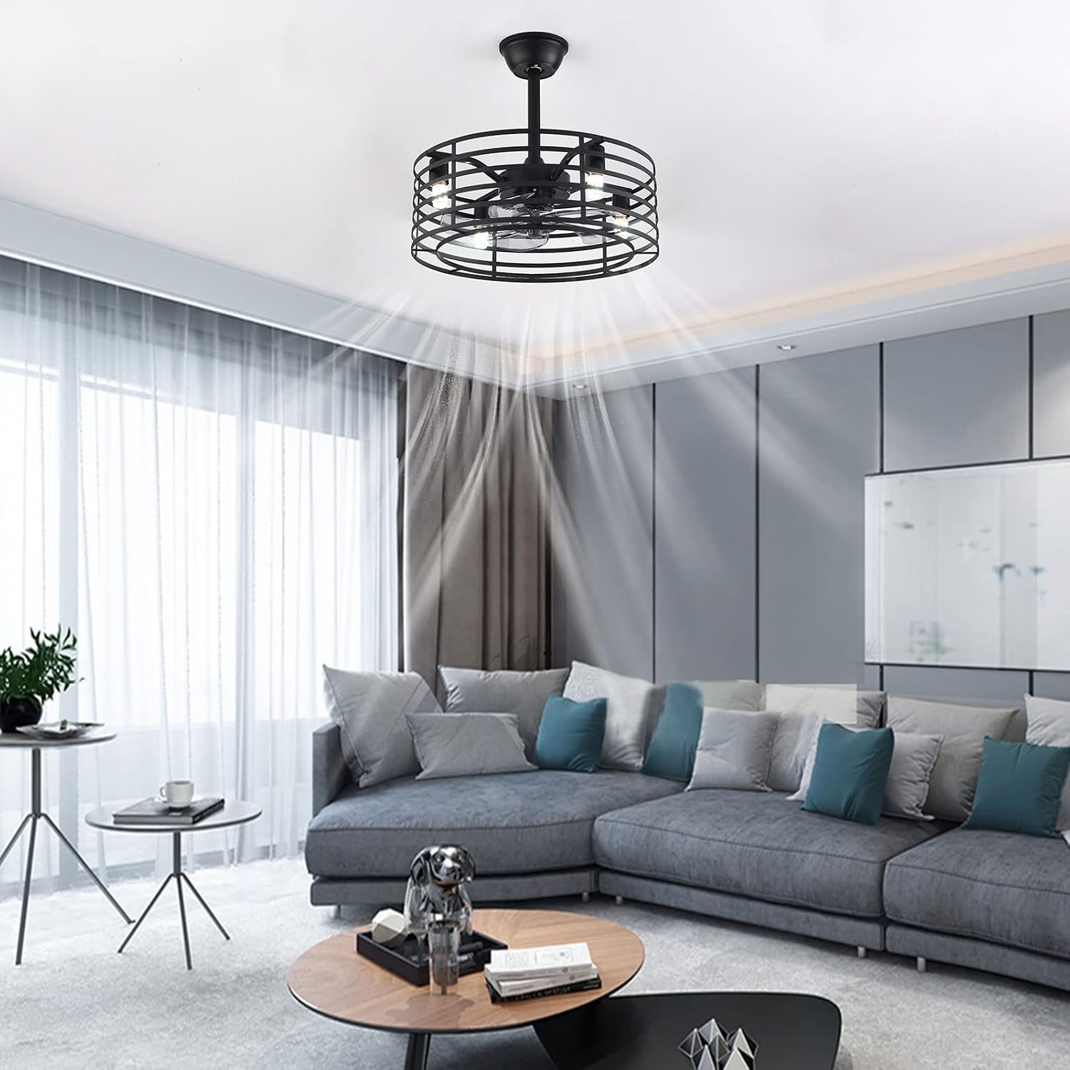 Industrial Ceiling Fan with Lights 20inch Enclosed Ceiling Fan Indoor w/Remote, Black Caged Retro Ceiling Fan Metal Bladeless Chandelier Fan Lighting for Living Dining Room Bedroom Kitchen