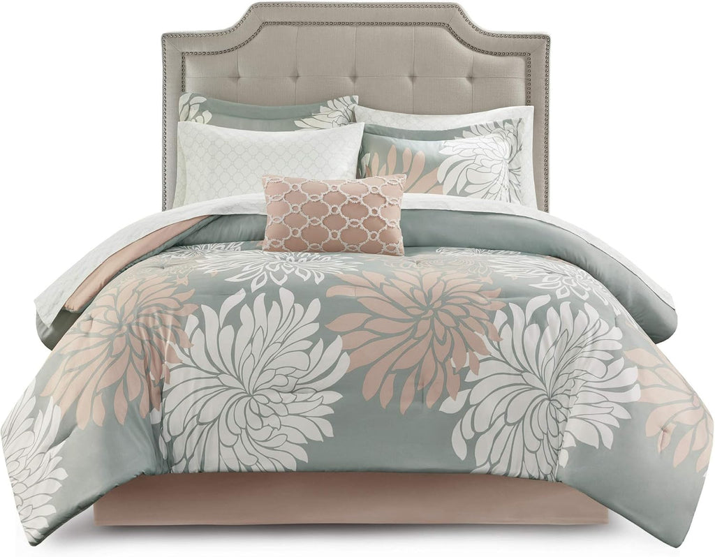 Madison Park Essentials Maible Cozy Bed in A Bag Comforter with Complete Cotton Sheet Set-Floral Medallion Damask Design All Season Cover, Decorative Pillow, Queen (90 in x 90 in), Blush/Gray