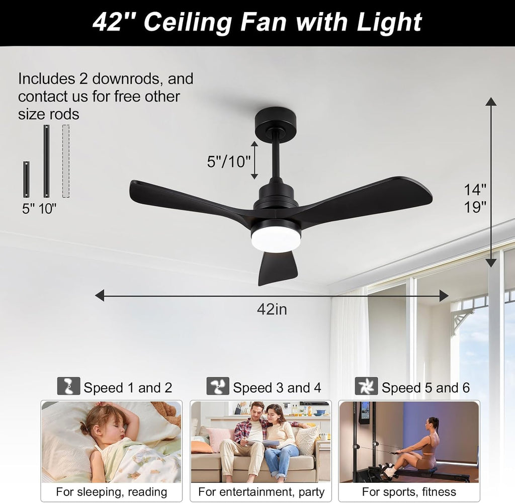 42 Inch Black Ceiling Fans with Lights and Remote Control,Dimmable LED Light,3 Wood Blades,Memory Function,Reversible DC Motor,Modern Indoor Outdoor Ceiling Fan for Patios Bedroom