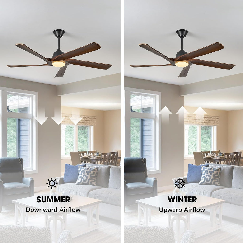 60' DC Ceiling Fan with Light, Solid Wood Ceiling Fan with Remote and APP Control, 3-color Dimmable, 6-speed Reversible Fans for Bedroom, Living Room, Dark Walnut