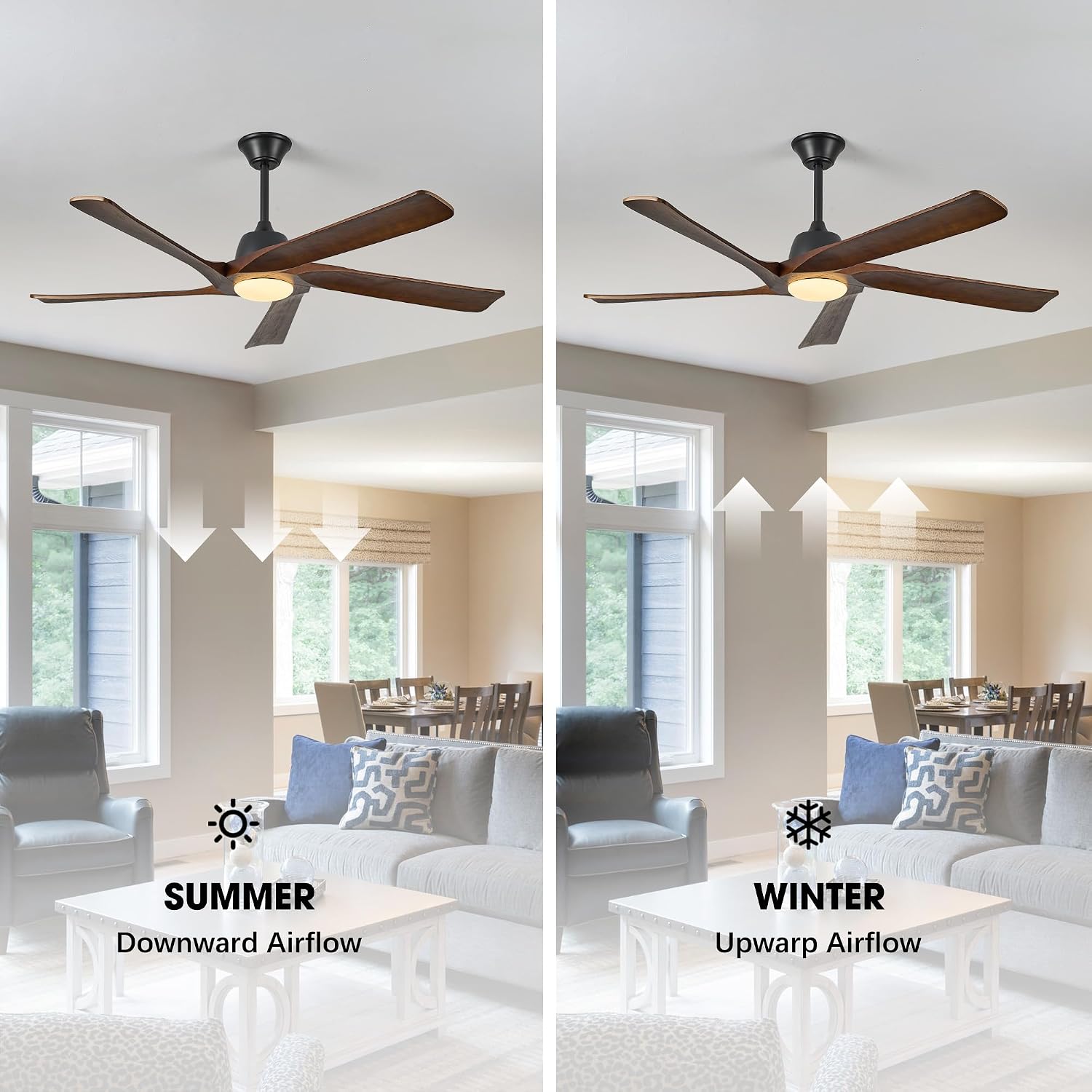60' DC Ceiling Fan with Light, Solid Wood Ceiling Fan with Remote and APP Control, 3-color Dimmable, 6-speed Reversible Fans for Bedroom, Living Room, Dark Walnut