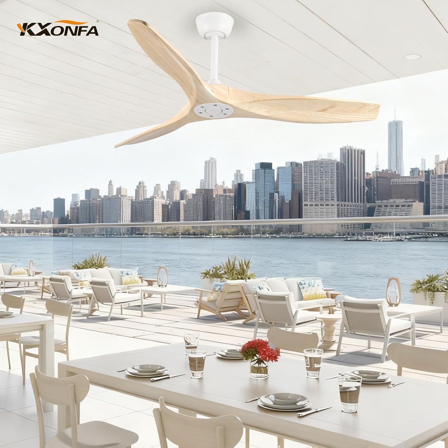 52 Inch Ceiling Fan No Light Outdoor Wood Ceiling Fans with Remote Control,Flush Mount,3 Blades Reversible Quiet DC Motor Modern Ceiling Fan Without Light for Patios Farmhouse Bedroom Indoor