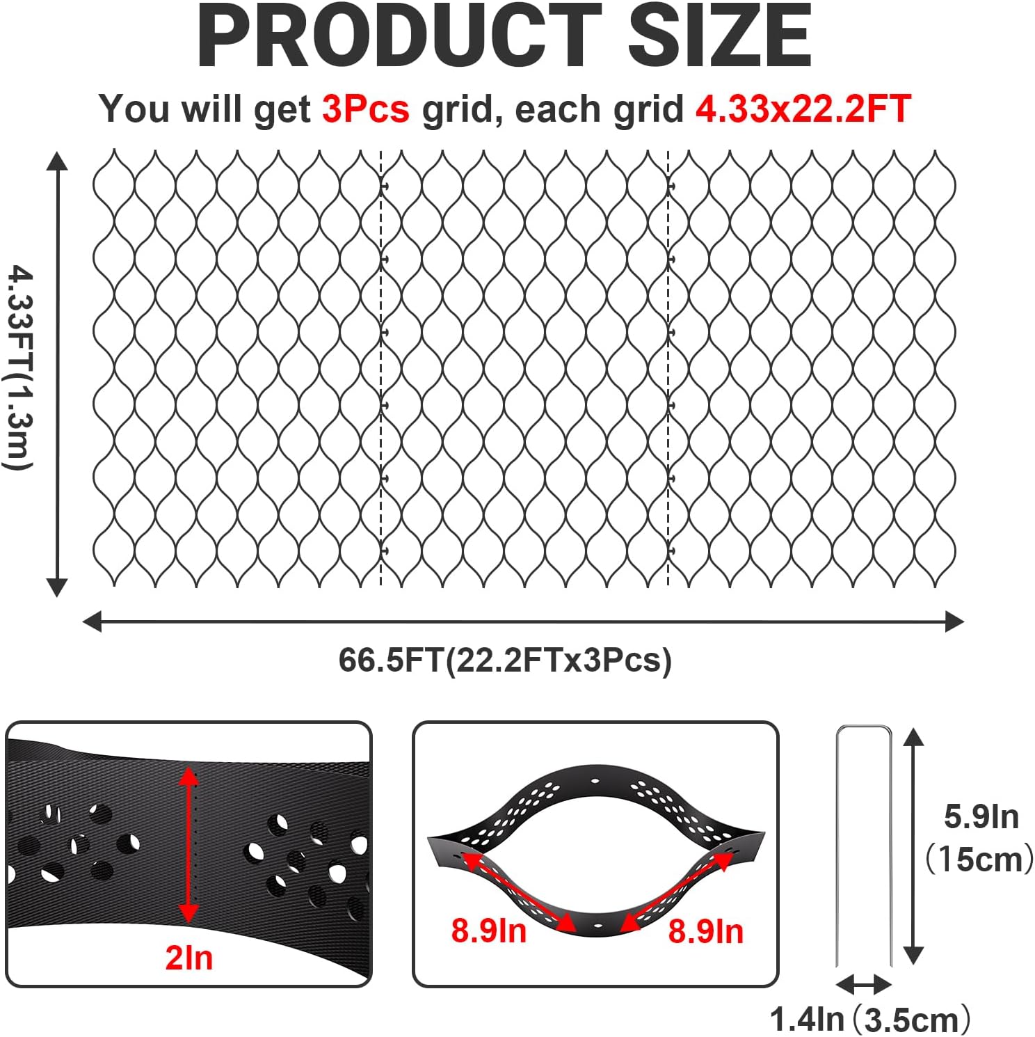 Gravel Grid 4.4x66.5 FT with 50Pcs Landscape Staples, 2'' Thick Geogrid Ground Grid 2200 lbs per Sq Ft Erosion Control Geo Grid for Driveway, Walkway, Horse Paddock, Patio, Parking Lot, Slope