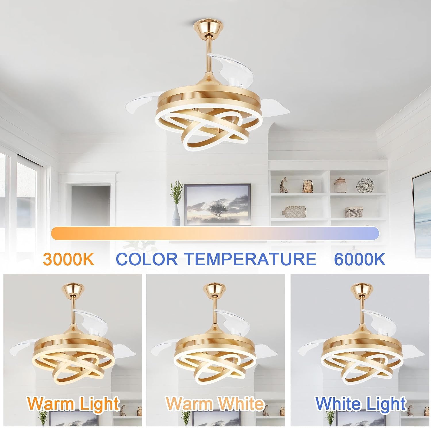 42' Gold Fandelier Ceiling Fan Retractable Ceiling Fan with Lights Remote Control, Modern Chandelier LED Light, Silent DC Motor Reversible 6 Speeds for Bedroom Living Room Kitchen