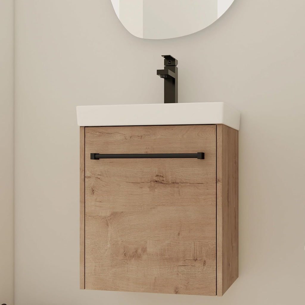 Glemab 17.31' Floating Wall-Mounted Bathroom Vanity, Bathroom Vanity with Ceramic Sink, Soft-Close Cabinet Door, Wall-Mounted Storage Cabinet with Ceramic Sink, Oak