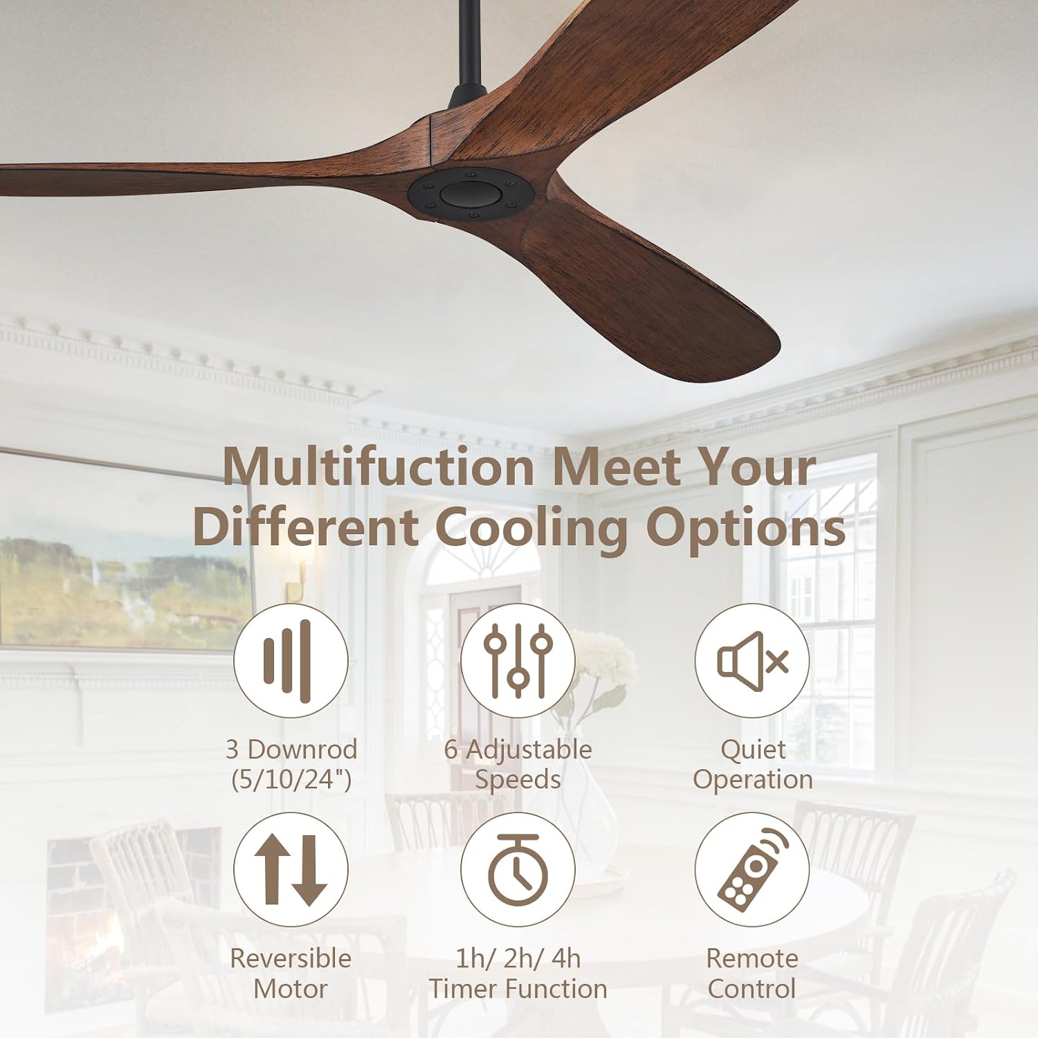 52'' Outdoor Ceiling Fan No Light,Ceiling Fan with Remote Control,3 Plastic Dark Walnut Blades,DC Reversible Quiet Motor for Patio,Living Room, Bedroom