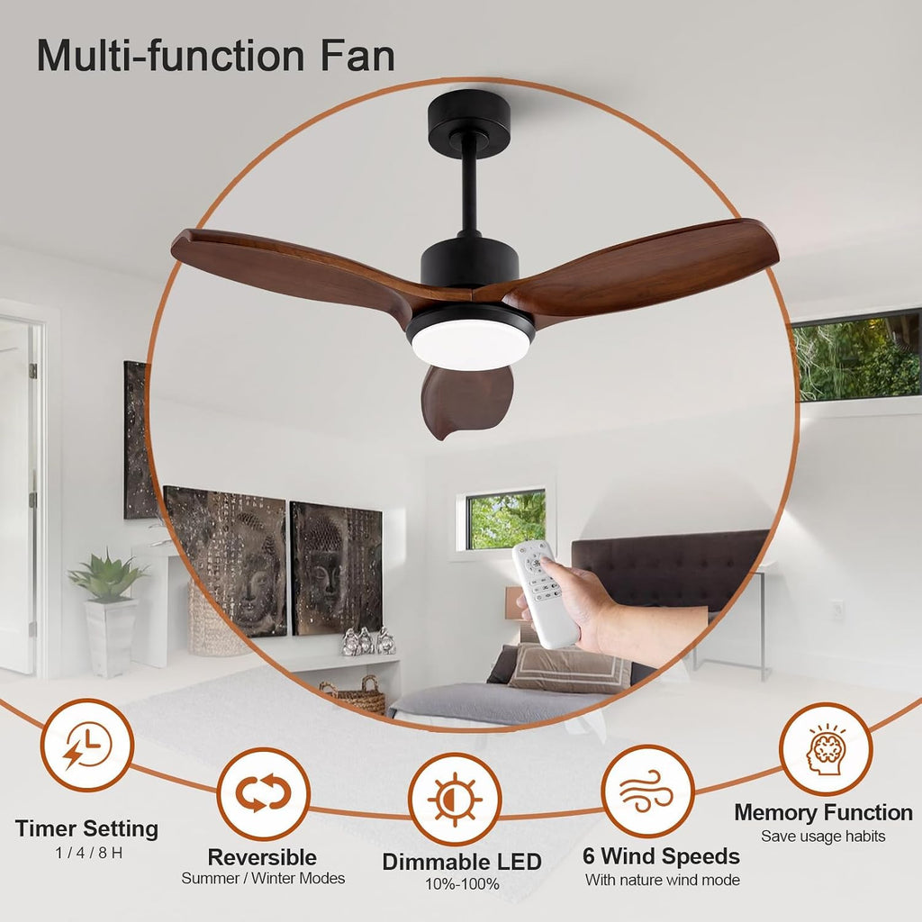 KBZZ 42 Inch Wood Ceiling Fans with Lights, Remote Control, Dimmable, Reversible DC Motor, Memory Function, Modern Outdoor Ceiling Fan with Light for Patio Porch (Black Walnut)