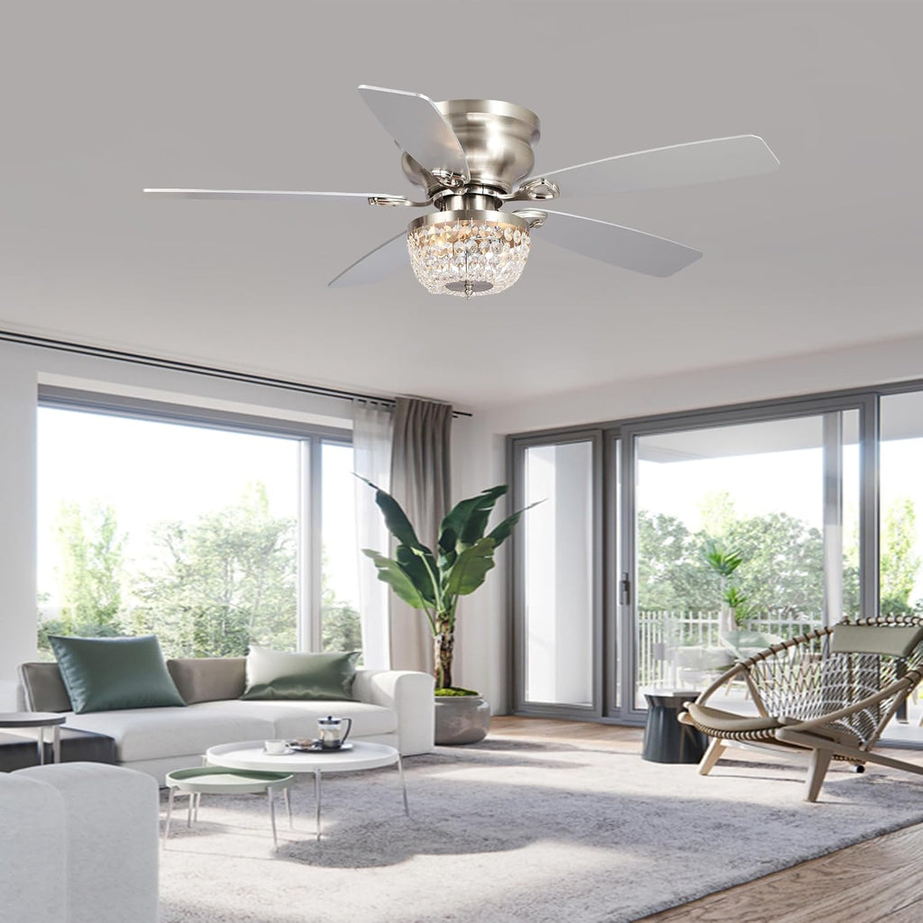 48 Inch Low Profile Ceiling Fan with Light: Farmhouse Caged Fandelier, Crystal Flush Mount Ceiling Fan with Remote, Indoor/Outdoor Use for Patios Living Room Bedroom, Silver