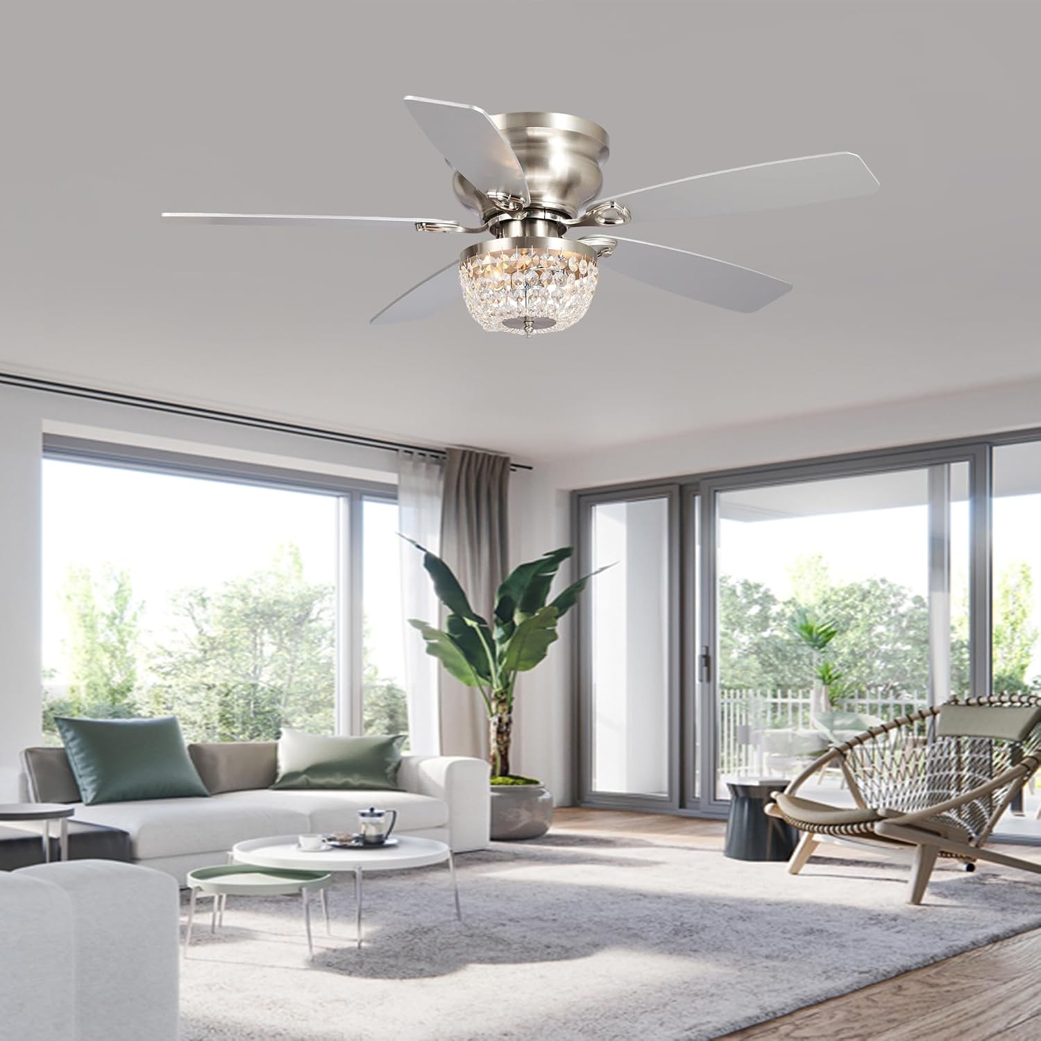48 Inch Low Profile Ceiling Fan with Light: Farmhouse Caged Fandelier, Crystal Flush Mount Ceiling Fan with Remote, Indoor/Outdoor Use for Patios Living Room Bedroom, Silver