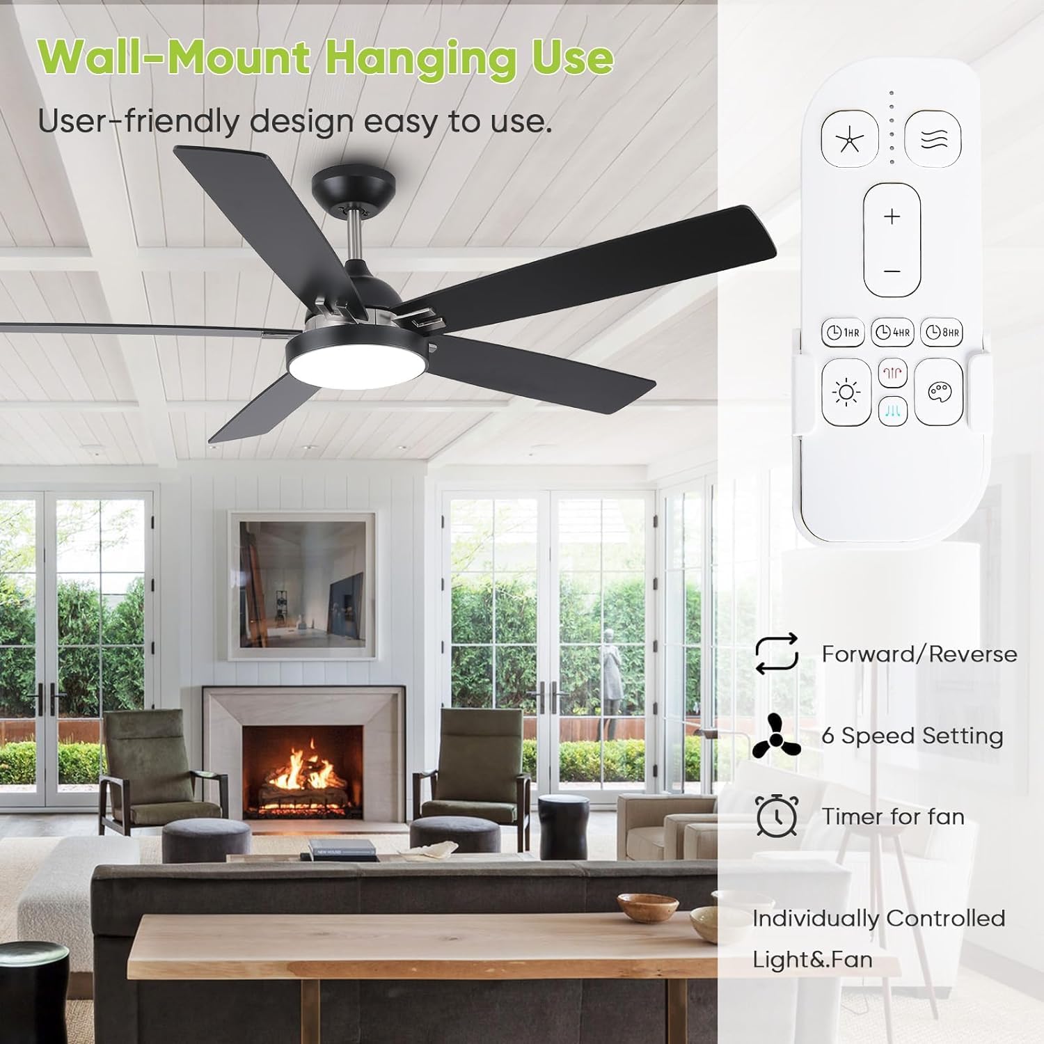 60 inch Outdoor Ceiling Fans for Patios with Light, Modern Black Ceiling Fan with Light and Remote, Quiet Reversible DC Motor, Damp Rated Large Airflow Ceiling Fan for Exterior House Porch Gazebo