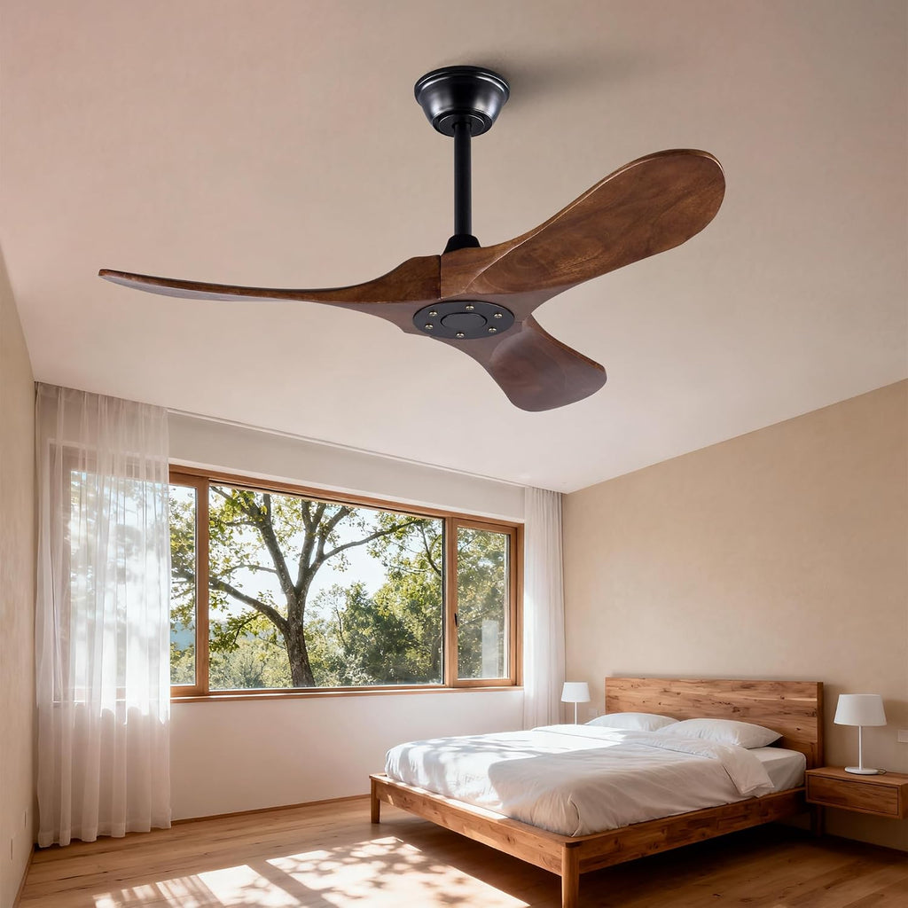 42' Solid Wood Ceiling Fan, Outdoor, 3 Blade, No Light, Walnut, for Patio Living Room Bedroom Porch, Remote Control, Water Resistant