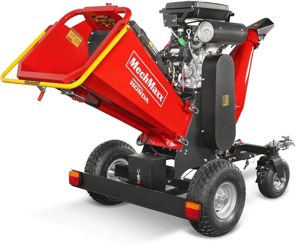 MechMaxx 8'' inch Honda 688cc 22HP Electric Start Gasoline Powered Engine 4-Wheels Towable Wood Chipper Shredder Mulcher with Towbar/Tail Light/Emergency Stop Switch, Model B200