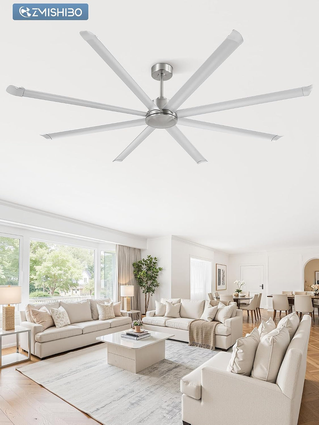 ZMISHIBO 96' Large Industrial Ceiling Fans No light with Aluminum 8 Blades, Commercial HVLS Ceiling Fan without Light,Quiet DC Motor,6 Speeds, Indoor Outdoor Ceiling Fan for Patio, Garage Shop, Nickel