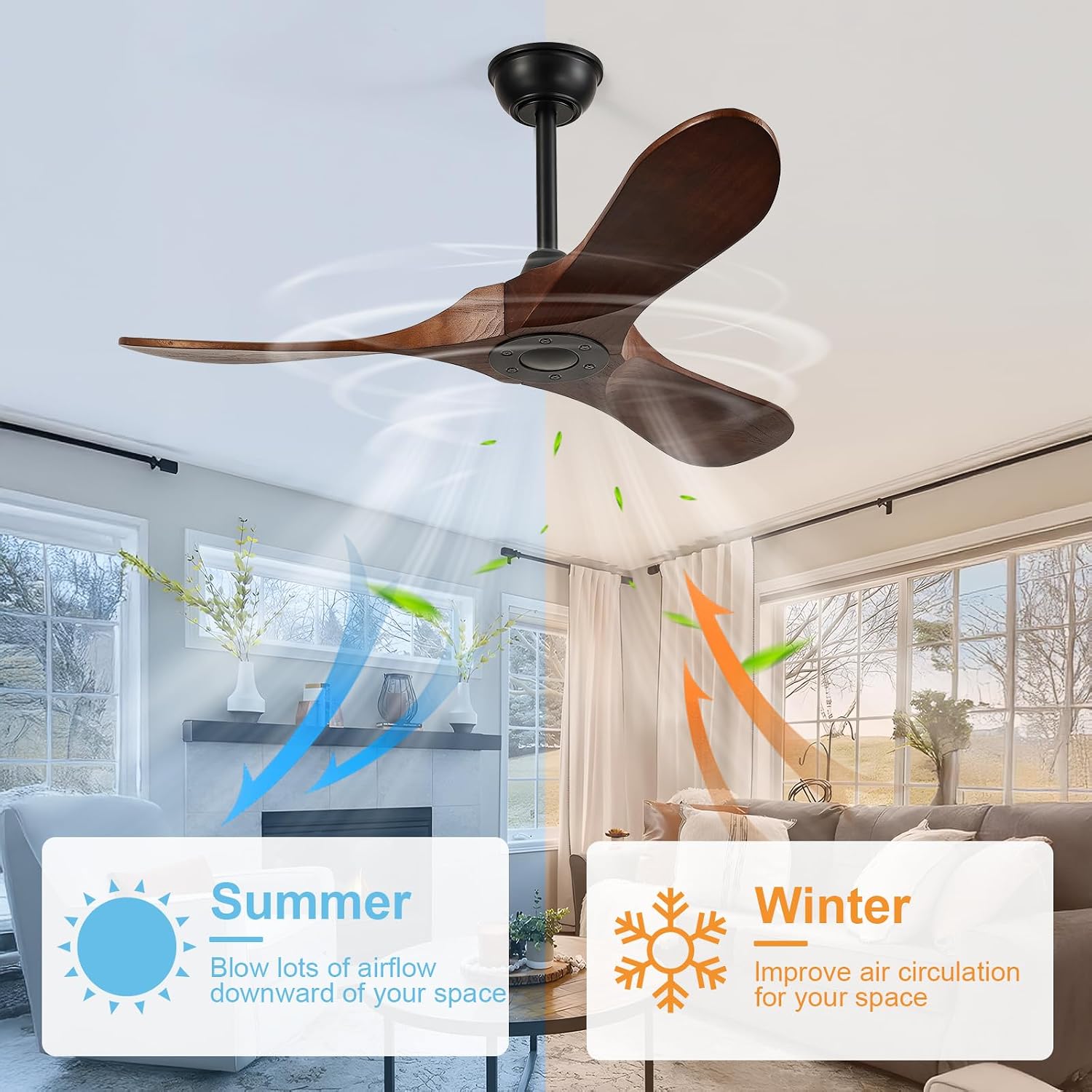 42-Inch Wood Ceiling Fan without Light,Quiet and Large Airflow,Speed Memory,2 Down Rods,Small Ceiling Fan for Bedroom,Patios,Garage (Dark Walnut, 42 inch)