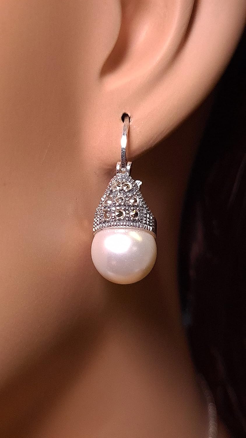 925 Sterling Silver Marcasite with Pearl 14mm Pendant, Earrings Set, Sterling Silver Chain Necklace Jewelry Set