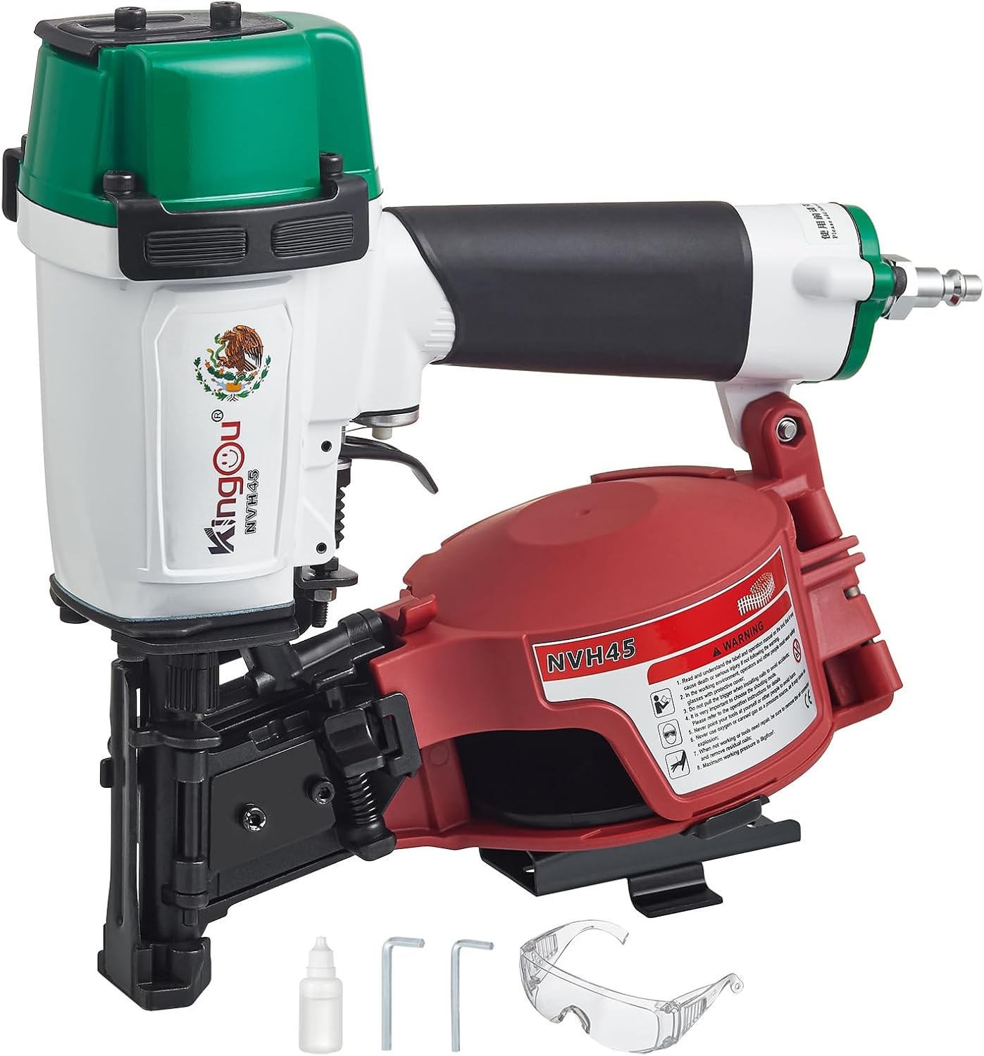 Kingou Mexican Style NVH45 Roofing Nail Gun For Roofing Constructions Accepts 7/8-Inch to 1-3/4-Inch Nails 15 Degree With 3/8 NPT Air Connector 120-pcs Load Capacity Roofing Nailer