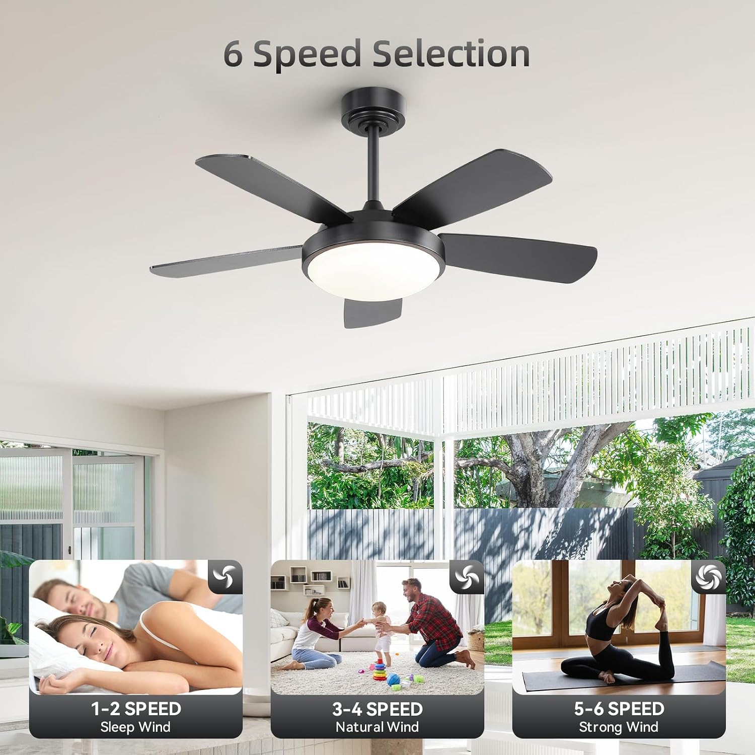 Sofucor 42 Inch Ceiling Fan with Light, Modern Ceiling Fan with Memory Large LED - Quiet DC Motor, 6 Speeds 4500CFM High Velocity, Dimmable, Timer, Reversible, for Living Room Bedroom, ETL/FCC, Black
