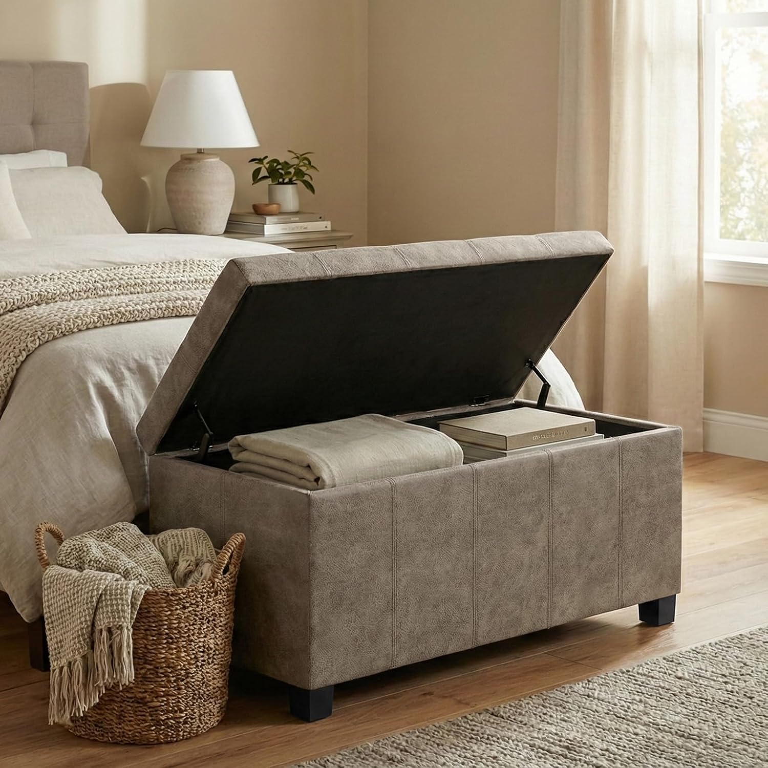 SIMPLIHOME Dover Storage Ottoman Bench - 36 inch Wide Upholstered Vegan Leather Rectangular Lift-Top Ottoman in Distressed Smoky Grey Brown, Contemporary Bench for Living Room with Safety Hinges