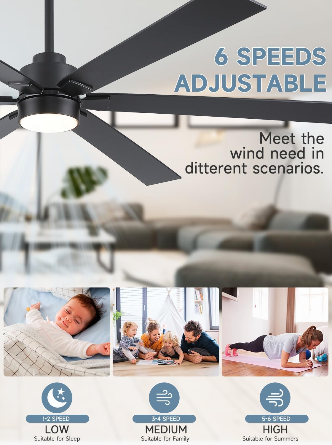 66 Inch Black Large Ceiling Fans with Lights and Remote, Damp Rated Outdoor Ceiling Fan for Patio with 3 Down Rods, Modern Reversible DC Fan for Indoor Living Room Farmhouse Porch Industrial