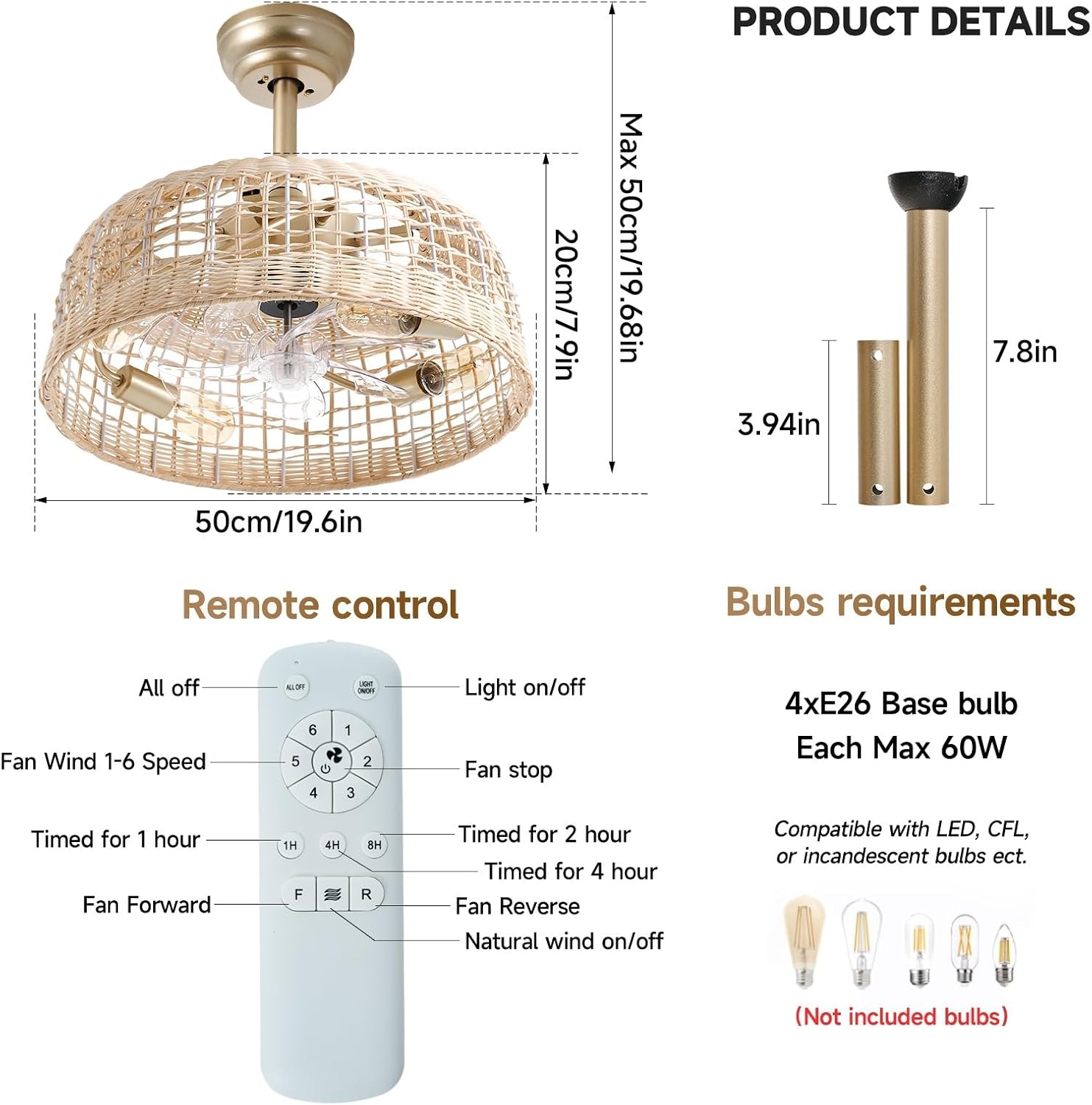 Boho Ceiling Fans with Lights 18.9in Wicker Fandelier Caged Ceiling Fan with Lighting Rattan Fandeliers for Bedroom Kitchen Dining Room Nursery Living Room, Remote Control 6 Speeds E26 Base