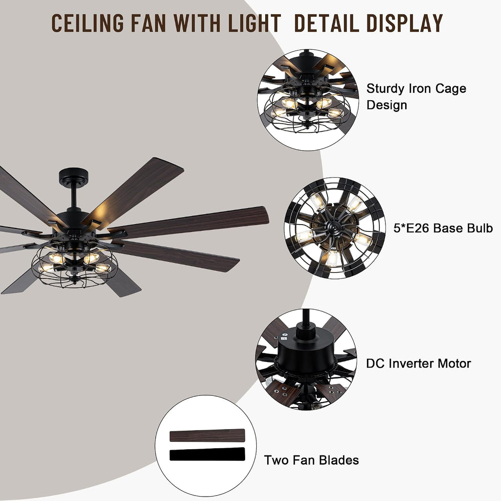 72' Industrial Ceiling Fan with Light,8 Blades DC Motor Farmhouse Cage Ceiling Fan,6 Speed Reversible Quiet Ceiling Fan with Remote Control for Patio Living Room Bedroom