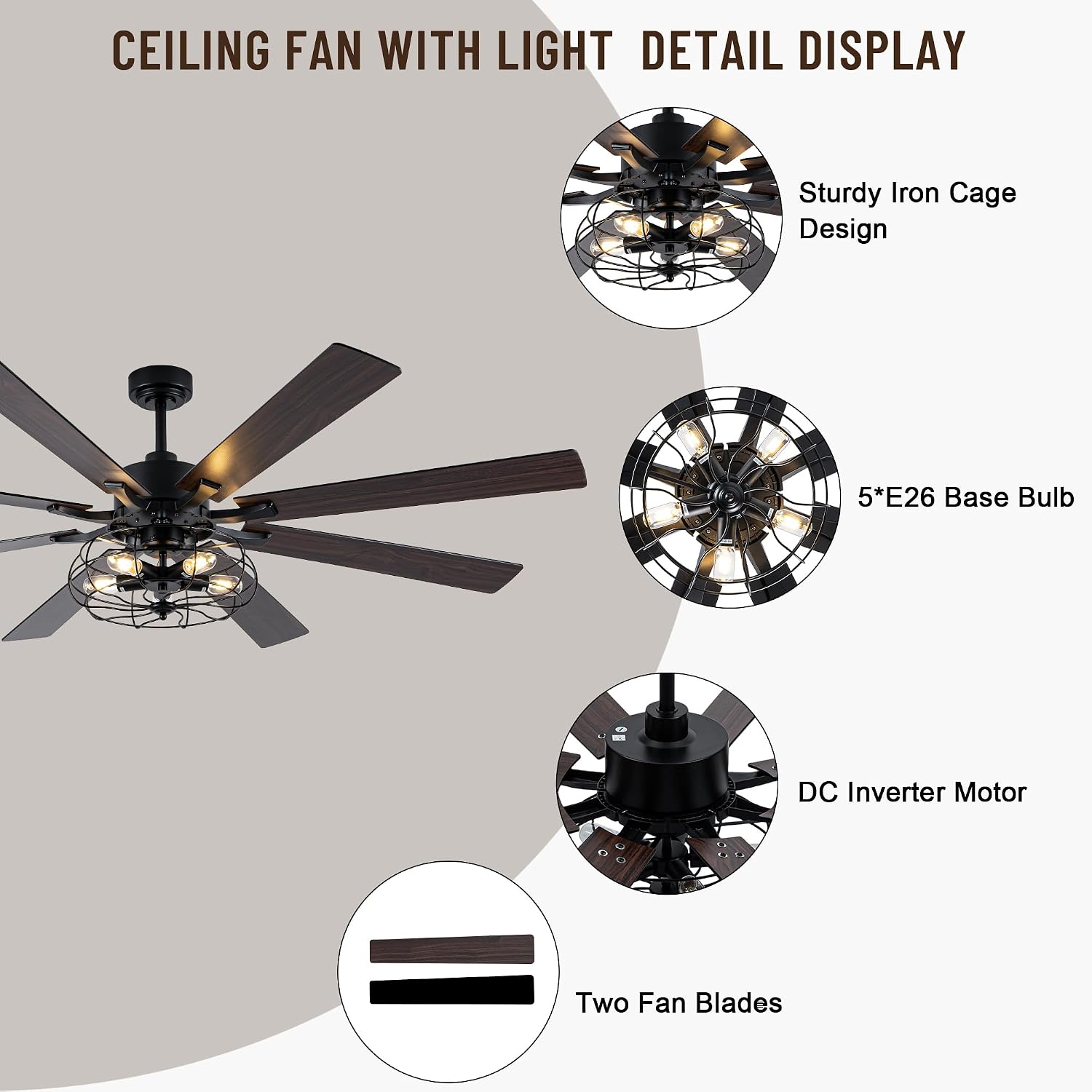 72' Industrial Ceiling Fan with Light,8 Blades DC Motor Farmhouse Cage Ceiling Fan,6 Speed Reversible Quiet Ceiling Fan with Remote Control for Patio Living Room Bedroom