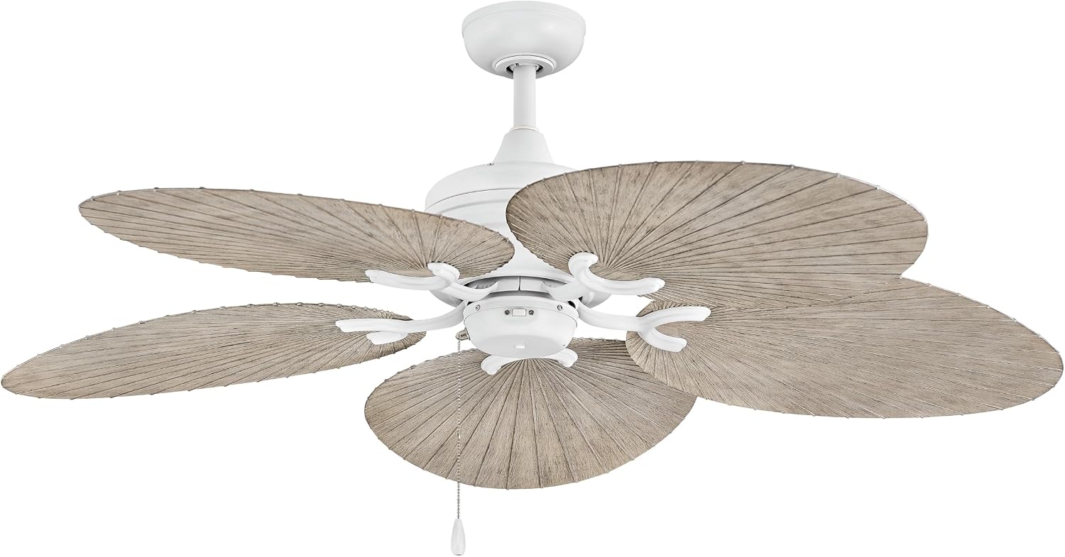Hinkley Tropic Air 52' Indoor and Outdoor Ceiling Fan, Five Blades, DC 4 Speed Motor, Matte White and Palm-Shaped Weathered Wood Composite Fan Blades