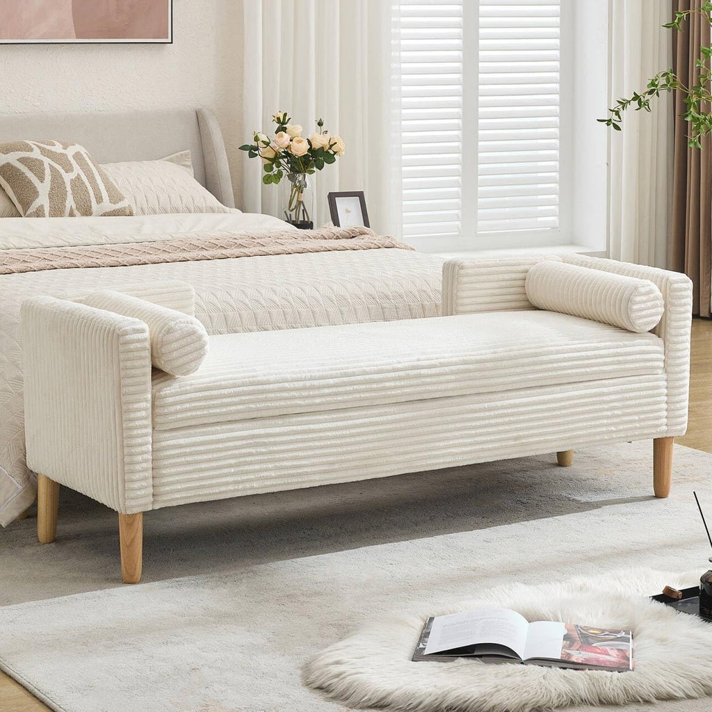 NIOIIKIT 65' Large Storage Ottoman Bench with 2 Pillows, Corduroy Upholstered Entryway Bench with Wood Leg, End of Bed Bench with Straight Armrest, Window Bench for Bedroom, Entryway (White)