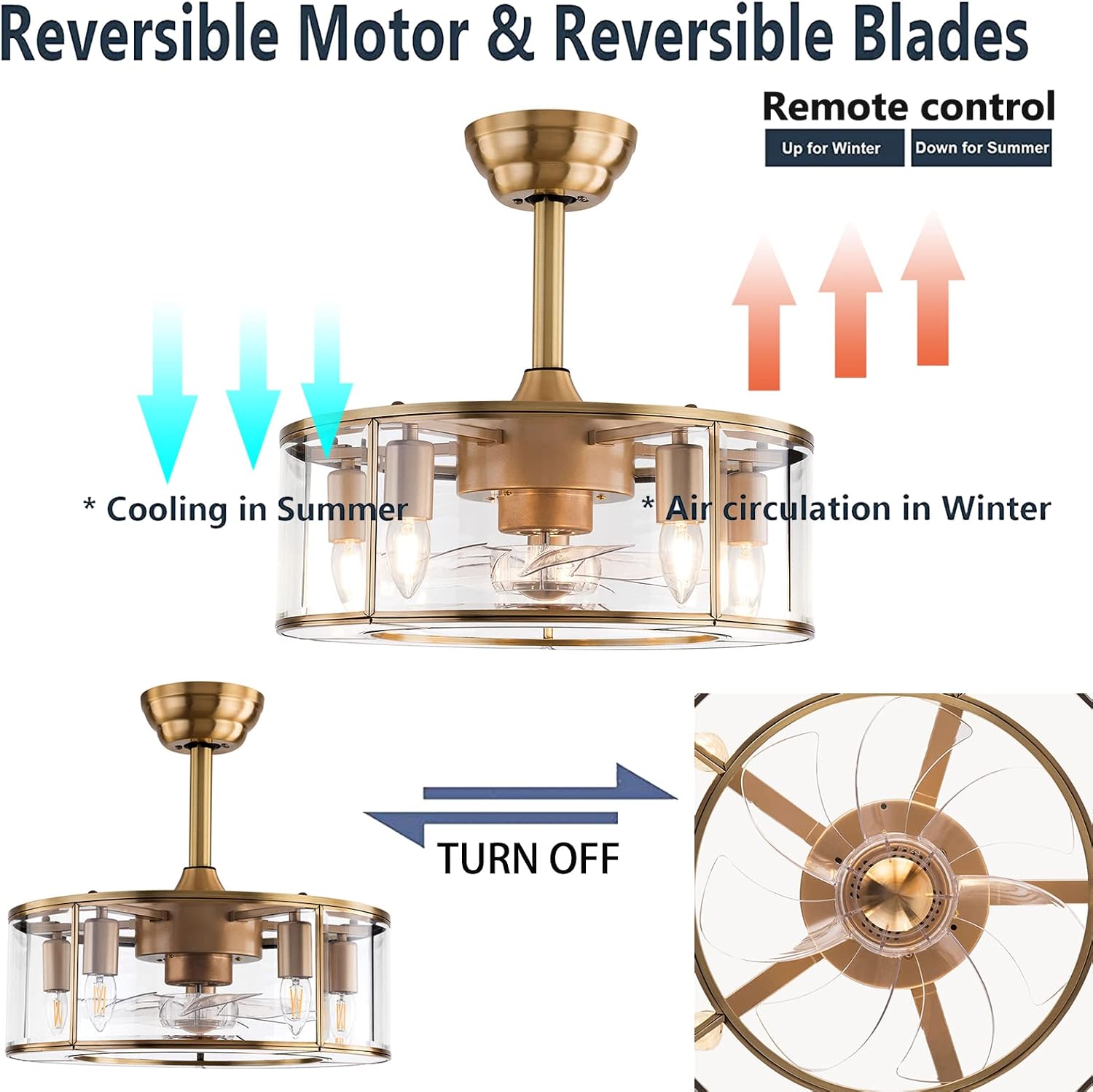 OUKANING Caged Fandelier Ceiling Fan with Light, Golden Ceiling Fans with Remote Control & Noiseless 35db - Farmhouse Rustic Bladeless Ceiling Fans Chandelier Retro Lighting Fixture (glass)