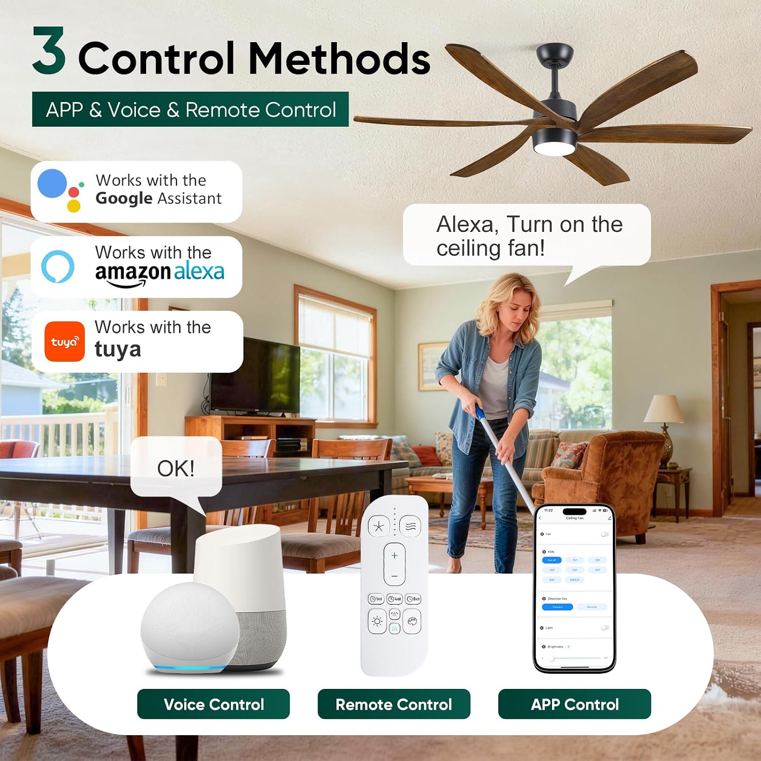 60 Inch Outdoor Smart Ceiling Fan with Light, Alexa/App/Remote Control, Modern Farmhouse Style, High CFM Quiet DC Motor, 6 Solid Wood Blades Damp Rated, for Indoor Living Room Exterior Patio