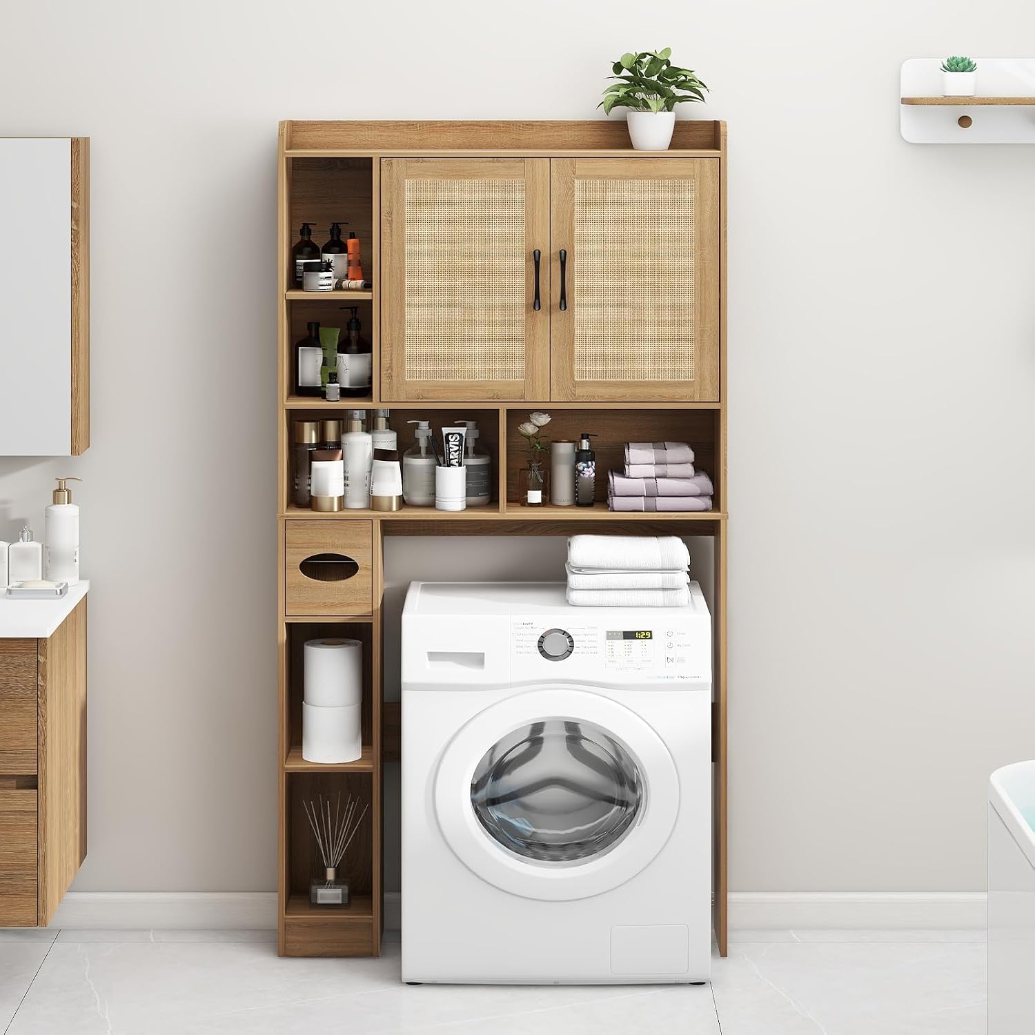 Farmhouse Rattan Storage Cabinet Over Toilet - 2 Door with Toilet Paper Holder - Space-Saving for Bathroom, Oak