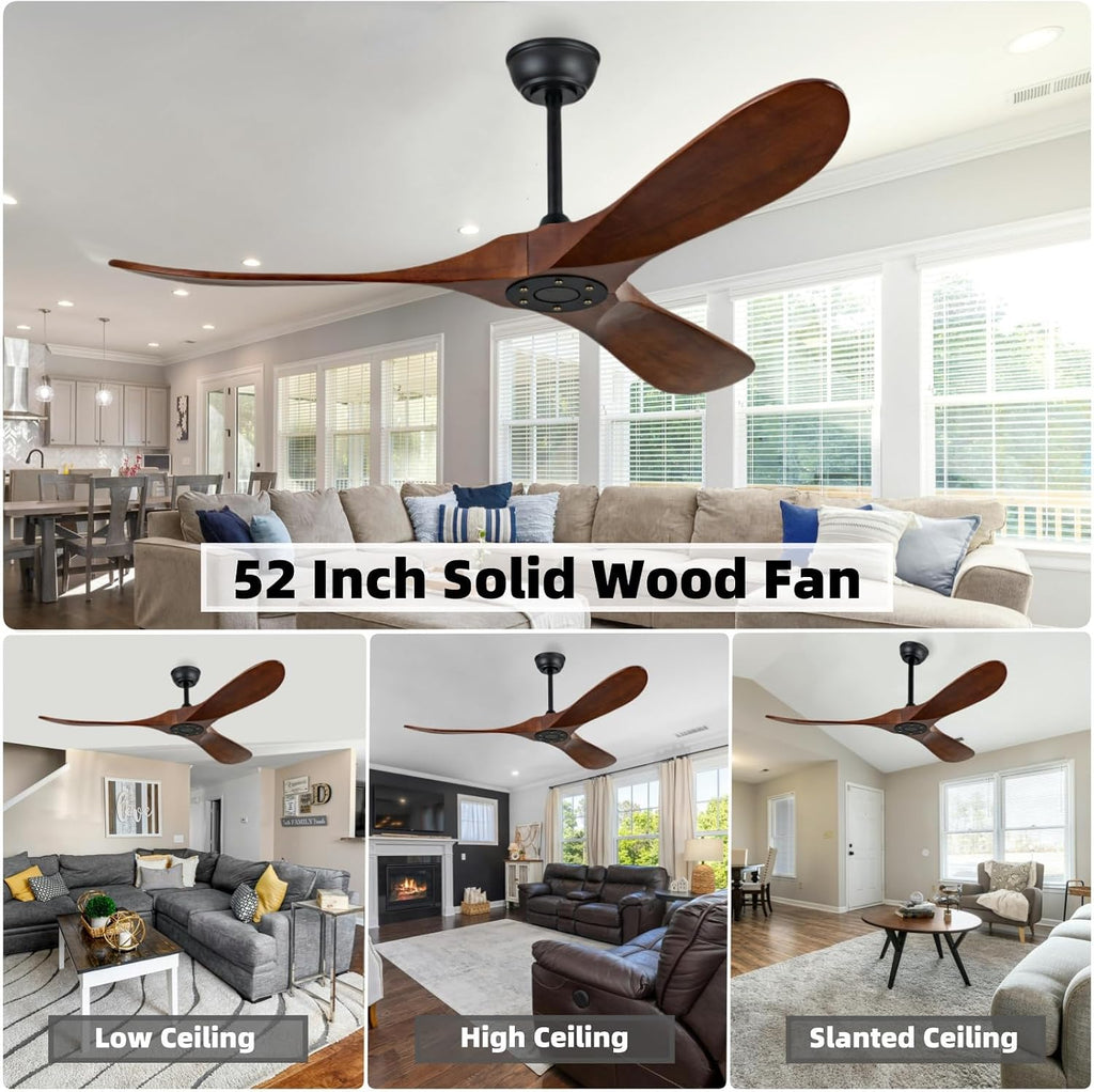 52 Inch Solid Wood Ceiling Fan, 3 Blades, Reversible DC Motor, Ultra Silent Dark Walnut Lampless Ceiling Fan for Living Room, Bedroom, Dining Area, Outdoor Patio(Dark Walnut, 52 inch)