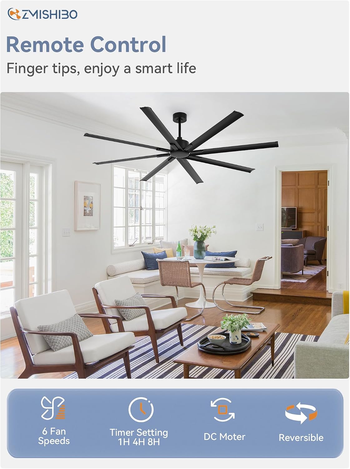 ZMISHIBO 84 Inch Ceiling Fans No Light, Large Industrial Ceiling Fan with 8 Aluminium Blades, Quiet DC Motor, 6 Speeds, Modern Ceiling Fan without Light for Garage/shop/living room,Black