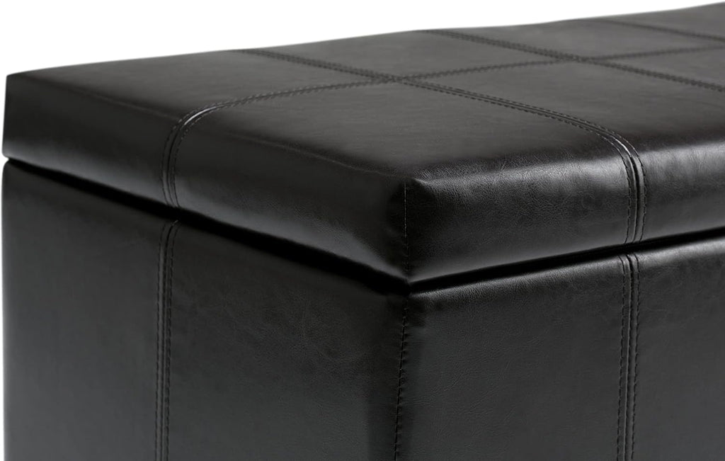 SIMPLIHOME Dover Storage Ottoman Bench - 36 inch Wide Upholstered Vegan Leather Rectangular Lift-Top Ottoman in Midnight Black, Contemporary Bench for Living Room with Safety Hinges