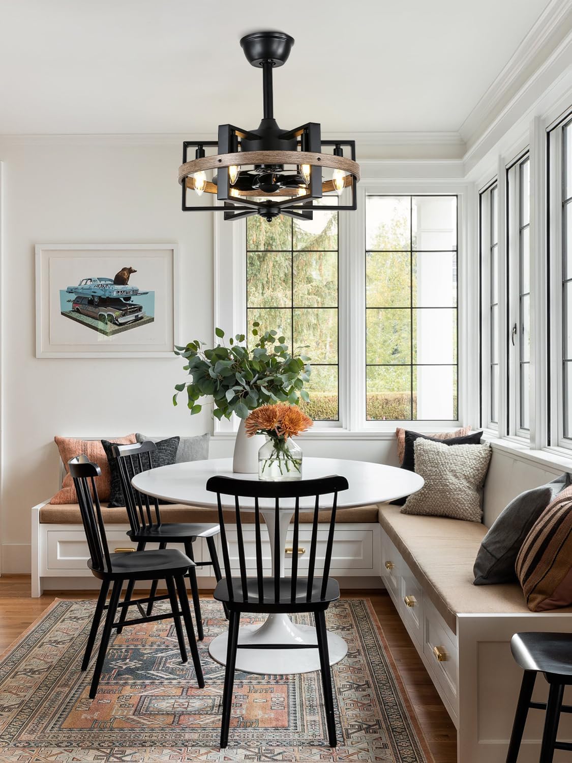 18 Inch 6-Lights Farmhouse Caged Ceiling Fan with Light, Retro Industrial Enclosed Rustic Ceiling Fans with Remote Control for Bedroom Living Room