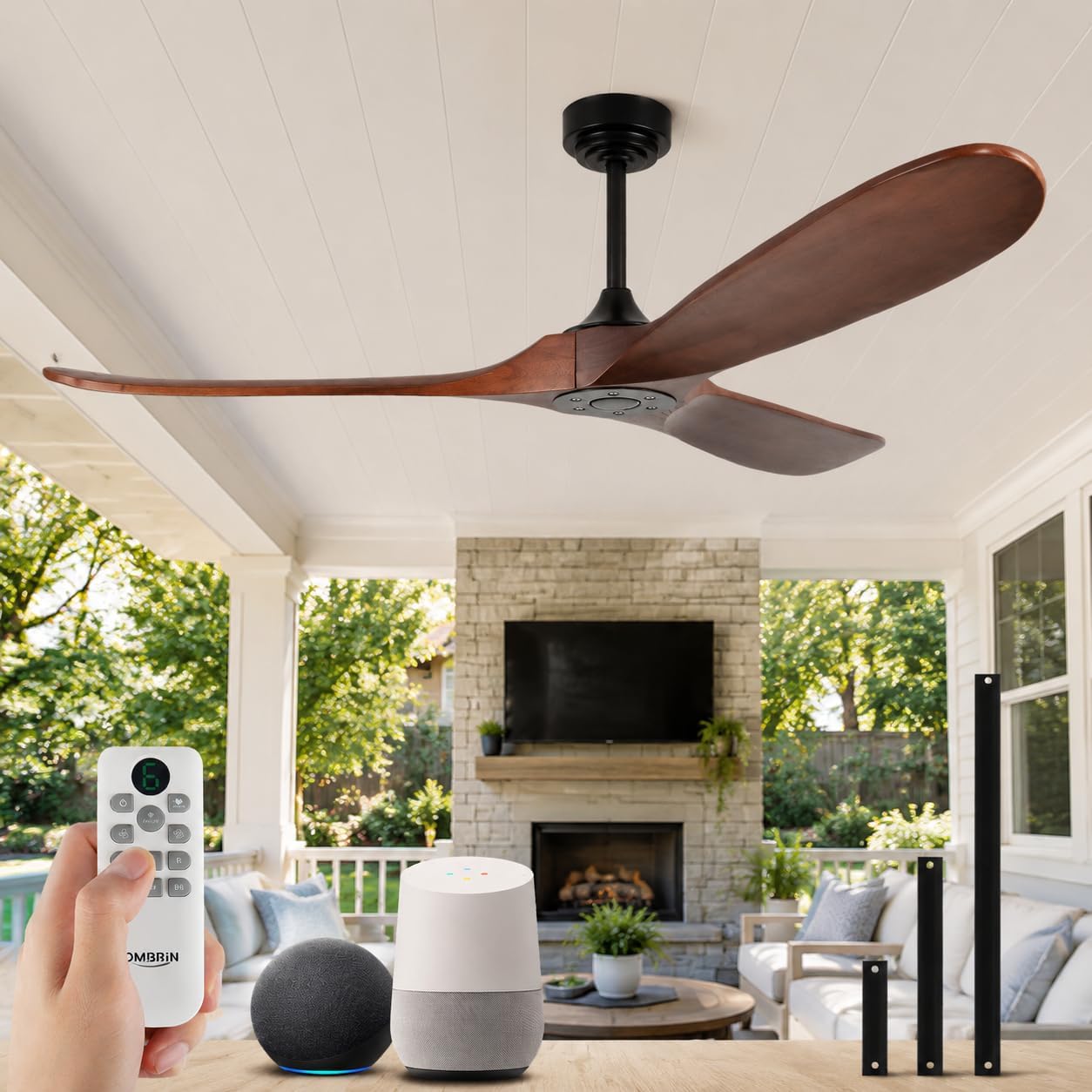 60' Wood Ceiling Fan no Light, Smart Ceiling Fans without Lights with Alexa Google App, Indoor Outdoor Ceiling Fan no Light for Bedroom Porch Modern Propeller 3 Blade High CFM Motor,Red Walnut