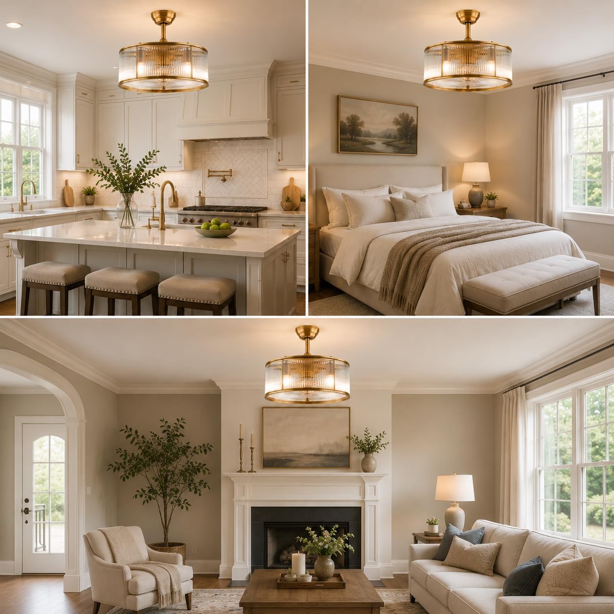 OUKANING Farmhouse Caged Ceiling Fan with Light and Remote, Gold Flush Mount Fandelier, Quiet Enclosed Ceiling Fan for Bedroom, Kitchen, Dining Room and Living Room