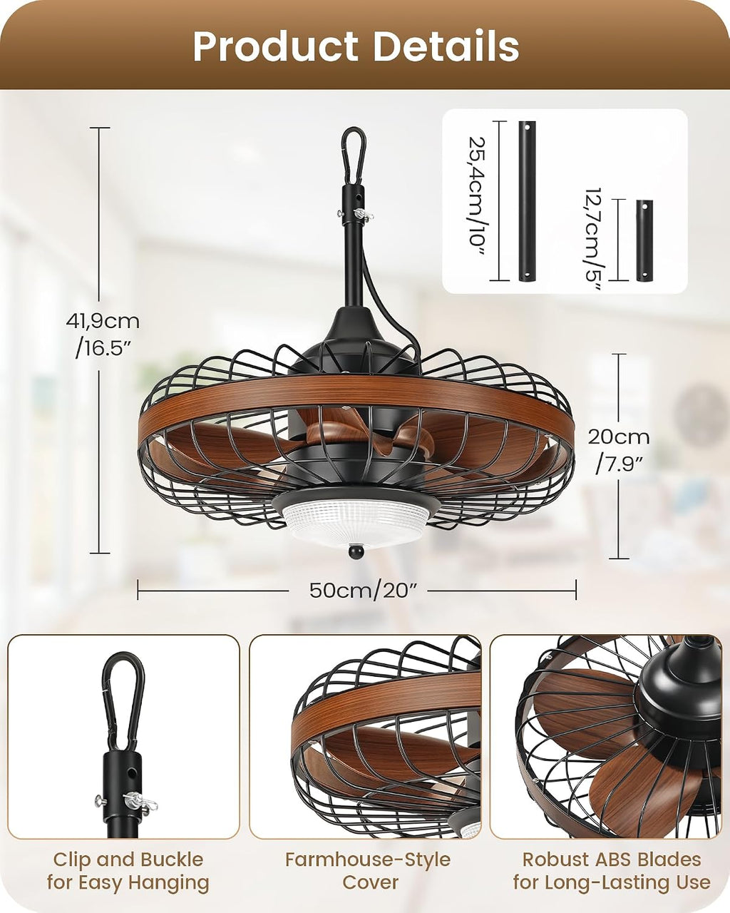 20' Outdoor Ceiling Fan with Light for Patio, Waterproof Gazebo Fan with Smart APP & Remote Control, 3CCT, Dimmable, 6 Speeds, Timer, Plug in Caged Ceiling Fan for Pergola, Porch, Brown XF01CF05