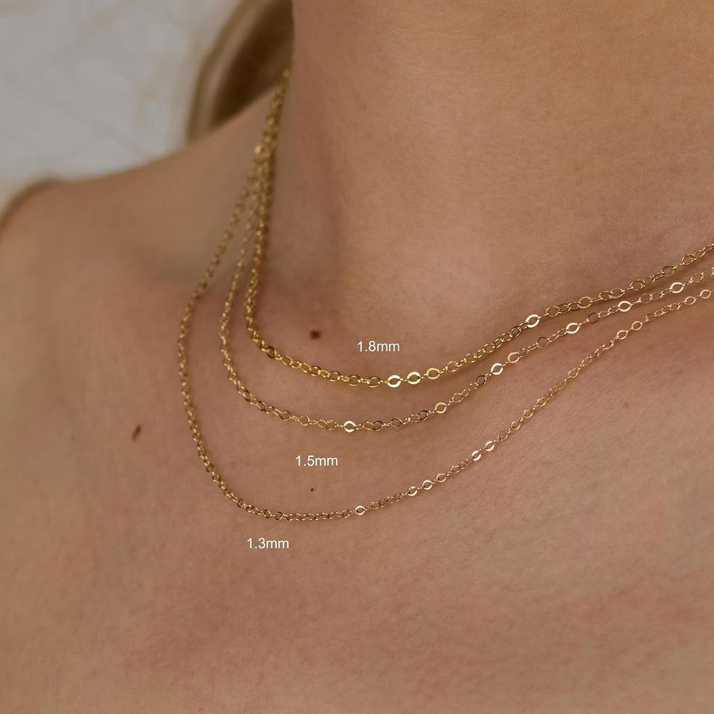 14K Gold Chain Necklace, Dainty Sparkle Cable Link Chain 1.3mm/1.5mm/1.8mm, 16-24 Inches for Women Men, Hypoallergenic, Non-Tarnish, Elegant Layering Minimalist Jewelry