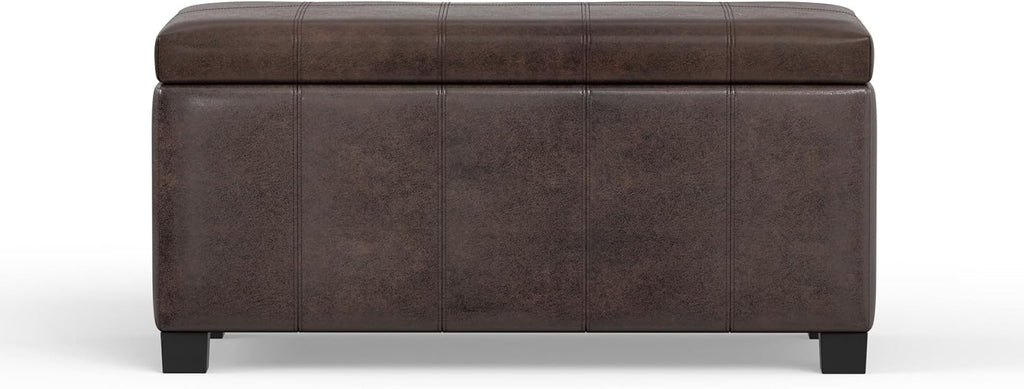 SIMPLIHOME Dover Storage Ottoman Bench - 36 inch Wide Upholstered Vegan Leather Rectangular Lift-Top Ottoman in Distressed Brown, Contemporary Bench for Living Room with Safety Hinges