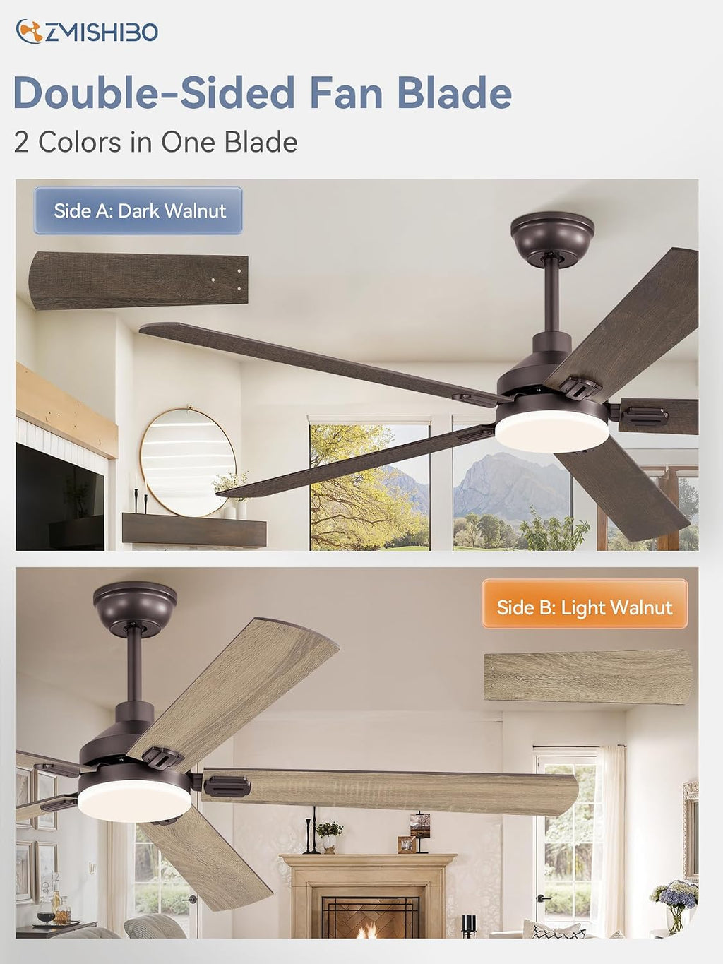 ZMISHIBO 60' Ceiling Fans with Lights, Oil Bronze Farmhouse Ceiling Fan with Remote, Rustic Indoor Ceiling Fan with Dual Finish Blades, Quiet & Strong Motor, Bright LED Light.