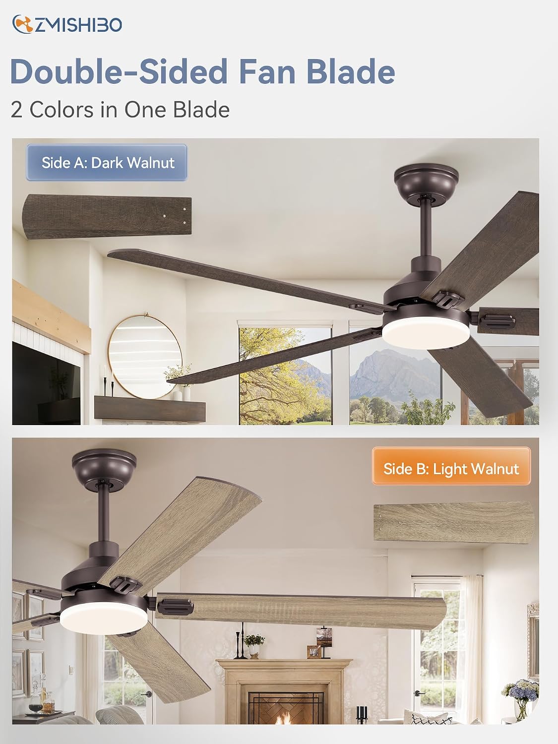 ZMISHIBO 60' Ceiling Fans with Lights, Oil Bronze Farmhouse Ceiling Fan with Remote, Rustic Indoor Ceiling Fan with Dual Finish Blades, Quiet & Strong Motor, Bright LED Light.