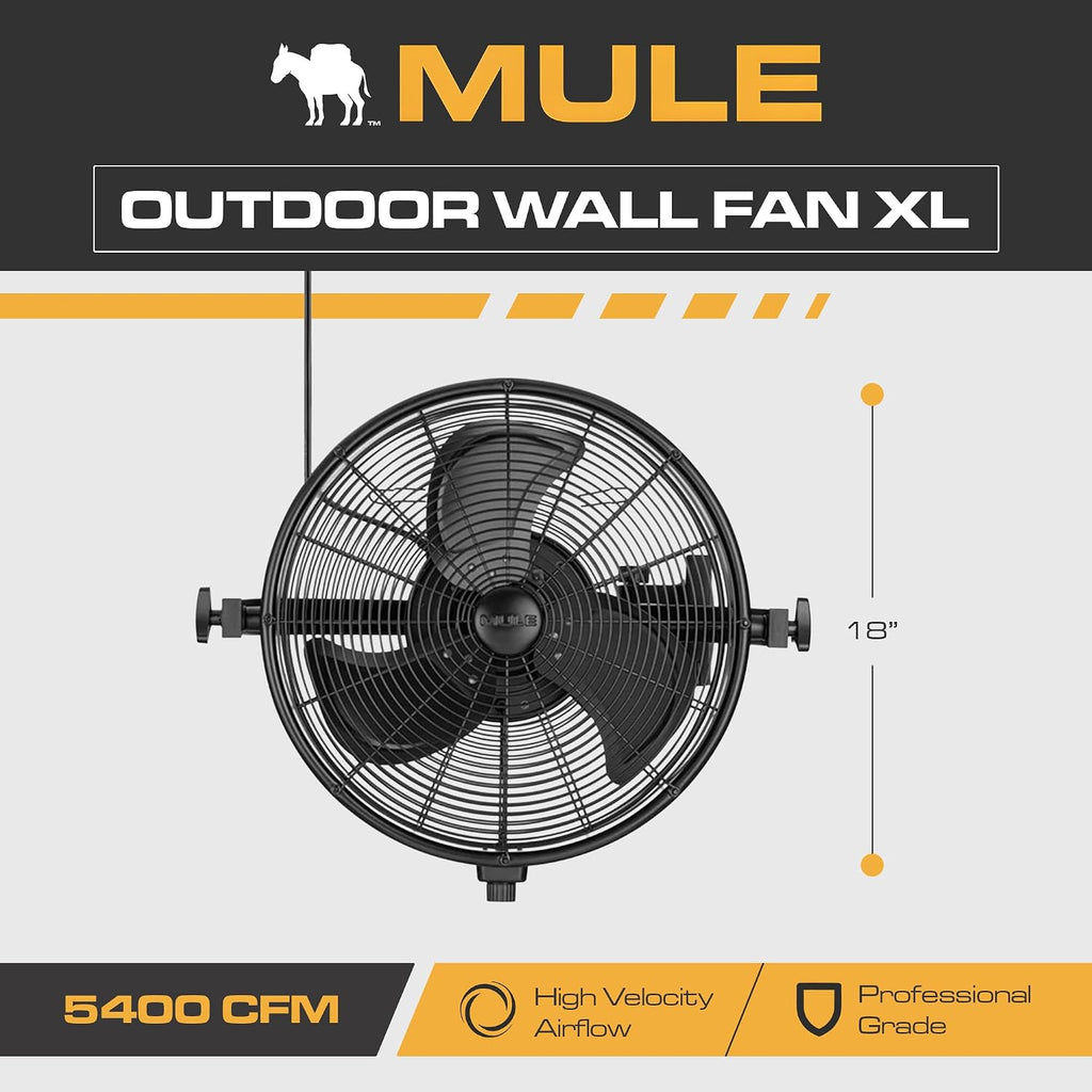 MULE 18 Inch Wet-Rated Outdoor Wall Fan XL, Plug-In Mount with 8-Foot Cord, Adjustable Omni-Reach Arm and 3-Speed Quiet Motor, Matte Black