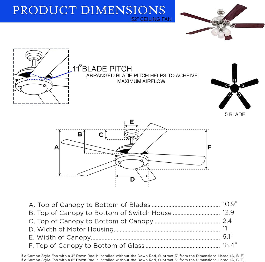 Ciata Lighting 52 Inch Vintage Indoor Ceiling Fan with Dimmable LED Light Fixture and Frosted Ribbed Glass in Brushed Nickel Finish with Reversible Rosewood/Light Maple Blades