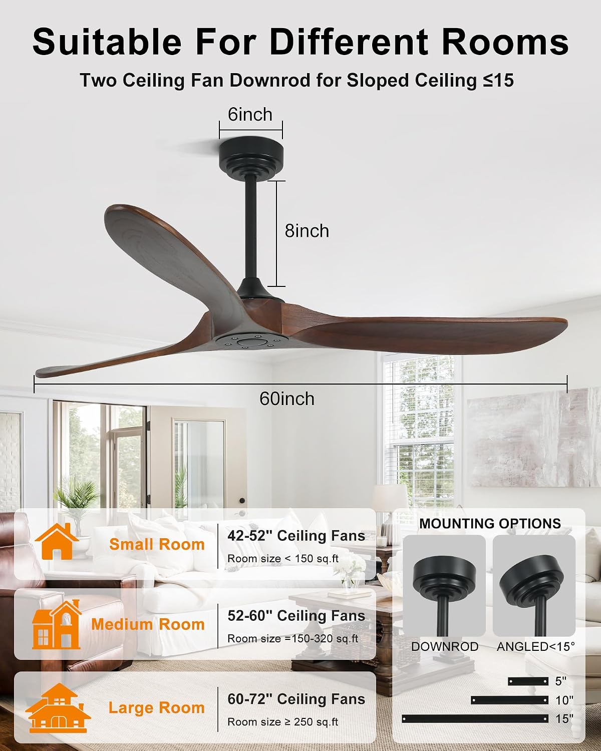 60' Wood Ceiling Fan no Light, Smart Ceiling Fans without Lights with Alexa Google App, Indoor Outdoor Ceiling Fan no Light for Bedroom Porch Modern Propeller 3 Blade High CFM Motor,Red Walnut