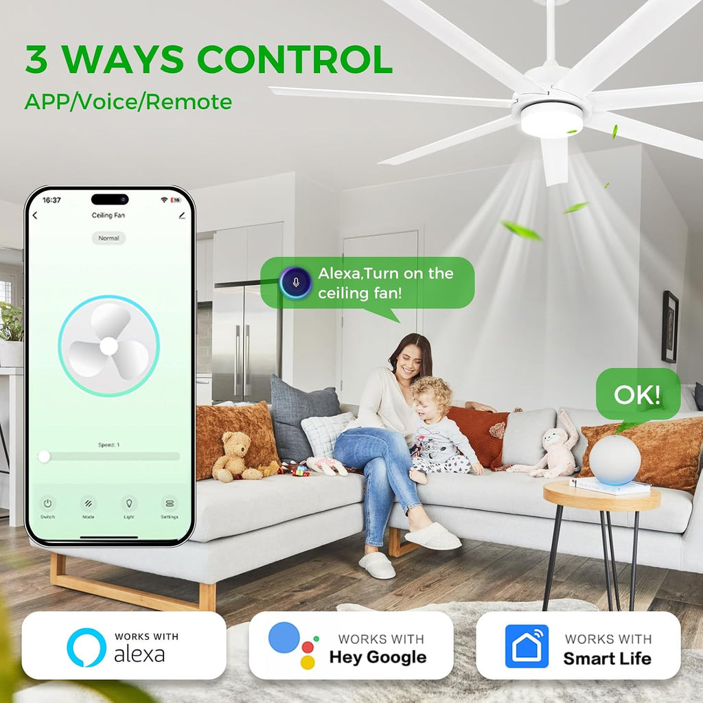 62 Inch Large Smart Ceiling Fan with Alexa or App,White Ceiling Fan with Light and Remote,6 Speed,3CCT,Quiet DC Motor Outdoor Fan for Patio or Bedroom