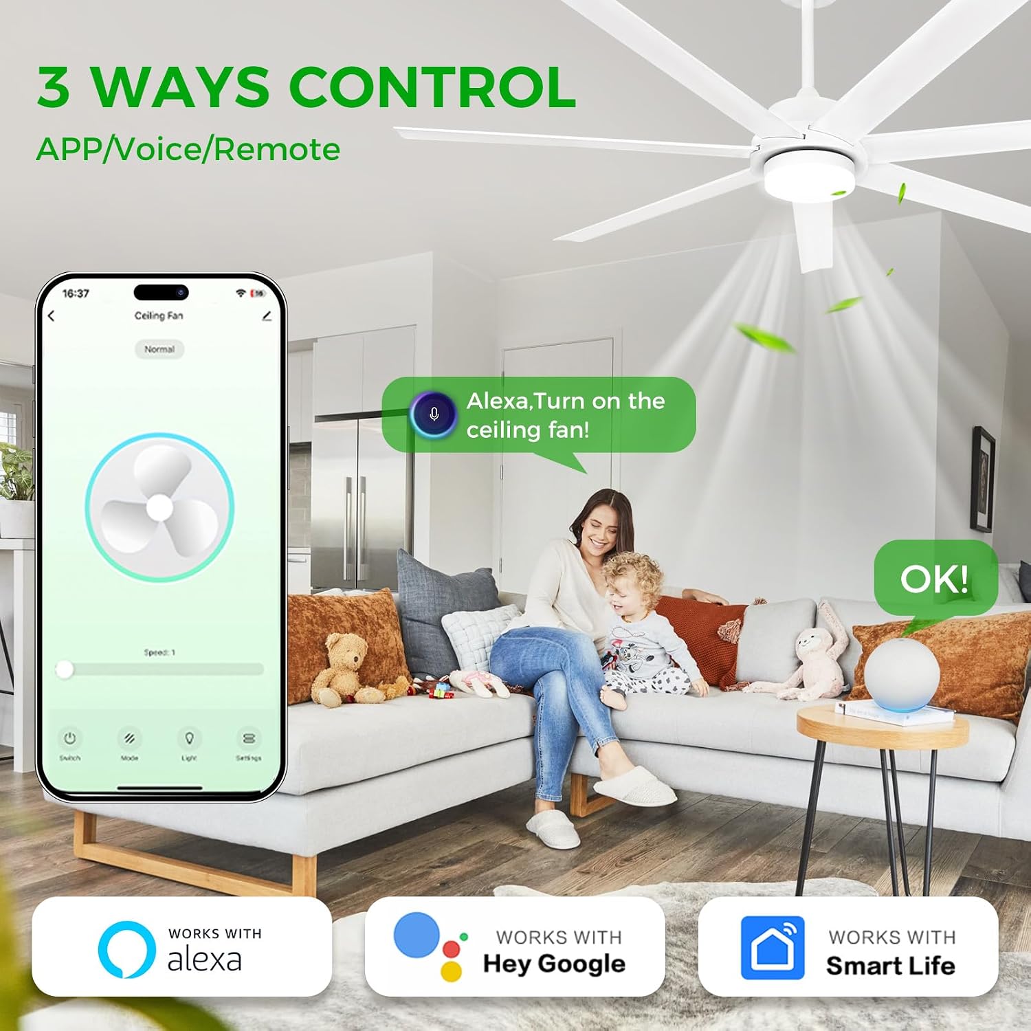 62 Inch Large Smart Ceiling Fan with Alexa or App,White Ceiling Fan with Light and Remote,6 Speed,3CCT,Quiet DC Motor Outdoor Fan for Patio or Bedroom