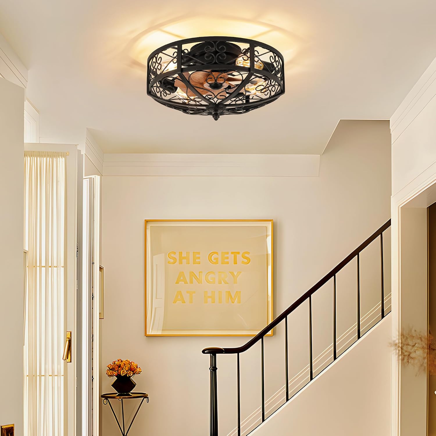 TIFEROR Vintage Ceiling Fan with Light, 20' Modern Enclosed Ceiling Fan with Remote Control, Low Profile Flush Mount for Hallway, Kitchen, Bedroom (Black, 5 E26 Bulbs Included)