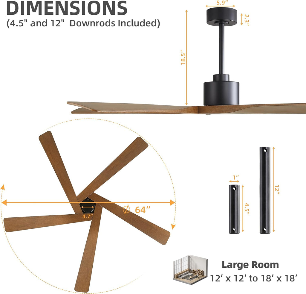 WINGBO 64' ABS DC Ceiling Fan No Light, 5 Blade ABS Plastic Ceiling Fan with Remote, 6-Speed Reversible DC Motor, Ceiling Fans without Light for Kitchen Bedroom Living Room, Matte Black and Walnut